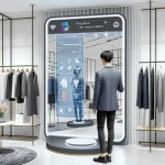 "RFID-enabled smart fitting room technology in a major retailer, showcasing a customer trying on clothes with interactive mirrors and inventory management displays."