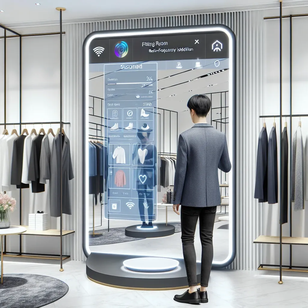 "RFID-enabled smart fitting room technology in a major retailer, showcasing a customer trying on clothes with interactive mirrors and inventory management displays."